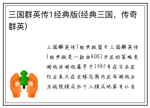 三国群英传1经典版(经典三国，传奇群英)